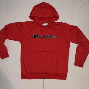 Red Champion hoodie with black patch logo